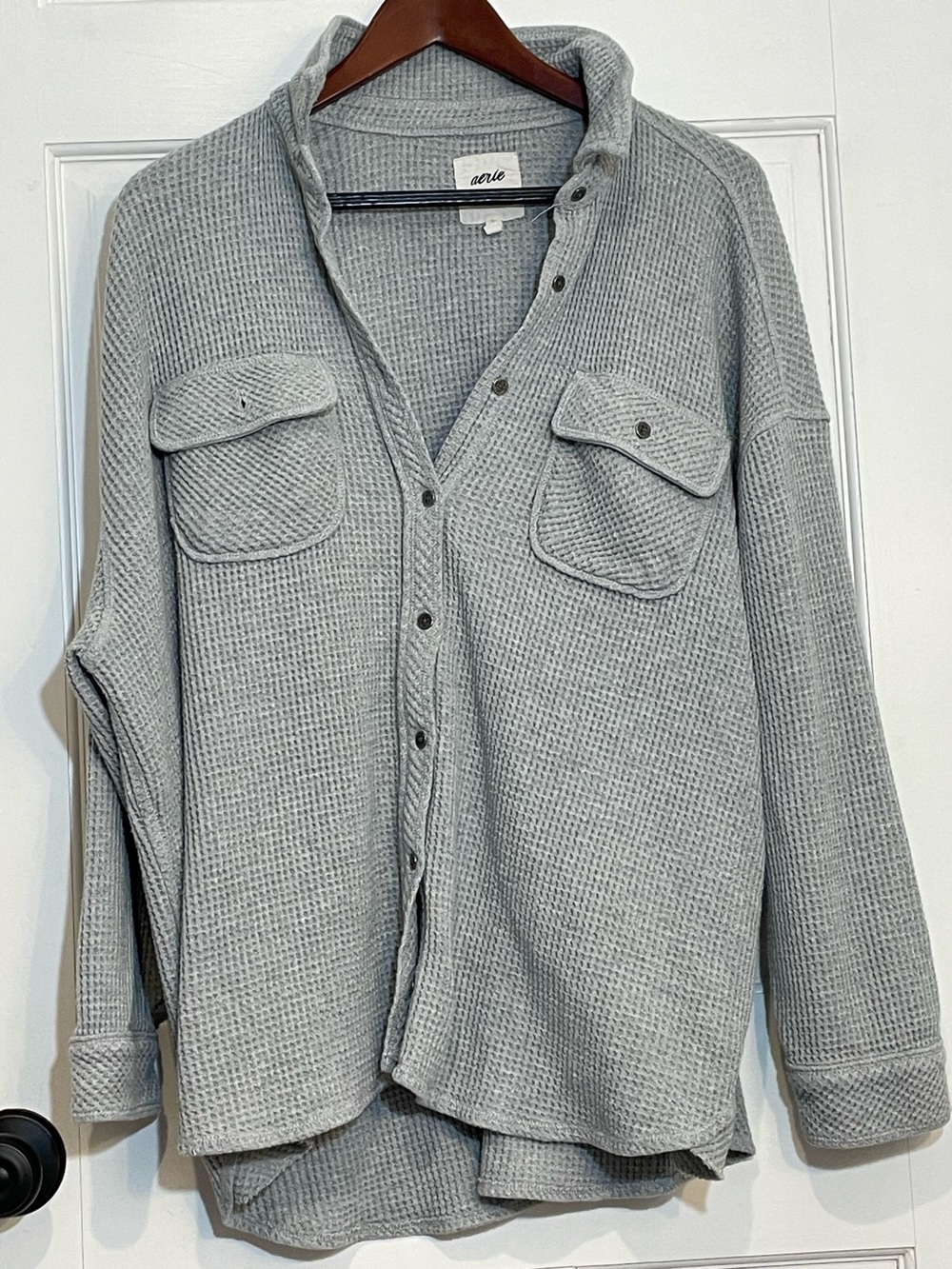 Aerie Waffle Knit Oversized Shacket Women M Gray Button Front Pocket Shirt